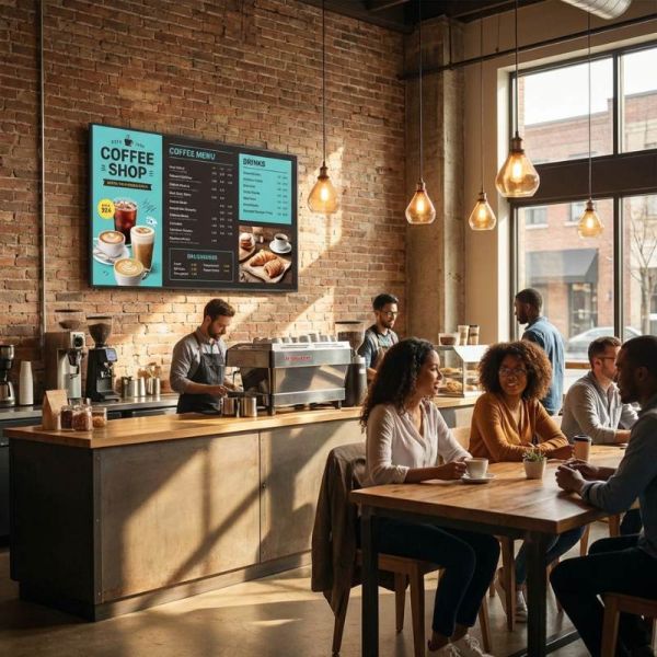 LG UH5Q 43 inch UHD signage display in a modern cafe