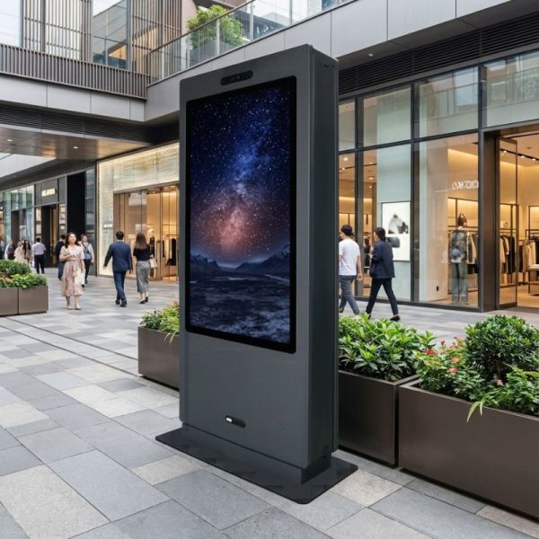 Vista frontal del tótem doble cara Kimex para exterior