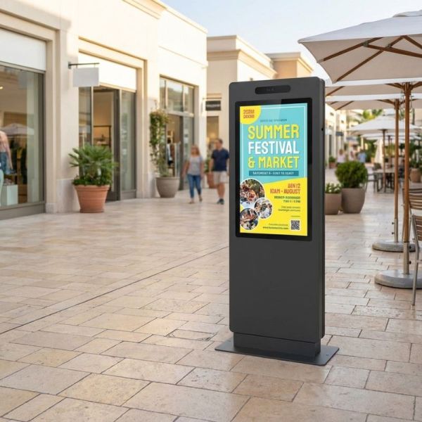 Vista frontal del tótem táctil Kimex para exterior
