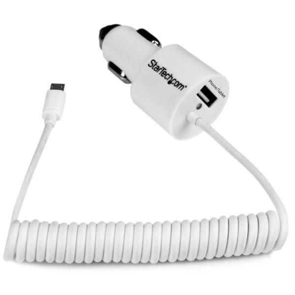 Caricatore da auto a doppia presa con cavo Micro-USB piu porta USB - Alta potenza ( 21 Watt / 4.2A ) - Bianco