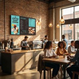 LG UH5Q 43 inch UHD signage display in a modern cafe
