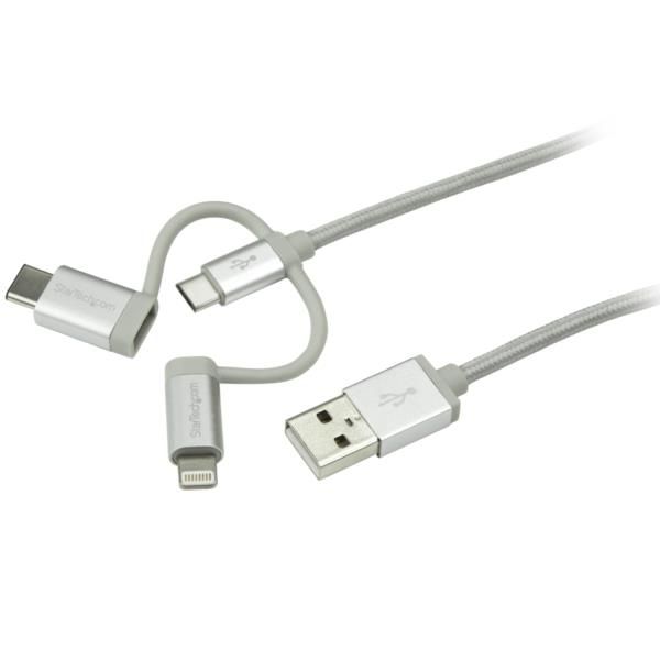 Cable Trenzado de 1m USB a Lightning USB-C y Micro USB - Cable Cargador para Teléfono Móvil iPhone iPad Tablet