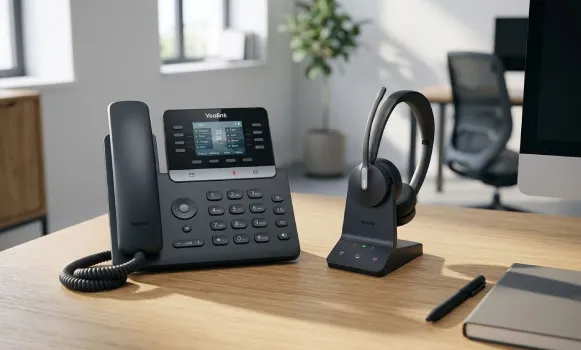 Pack de auriculares y teléfono profesional Teléfono fijo profesional acompañado de unos auriculares con micrófono