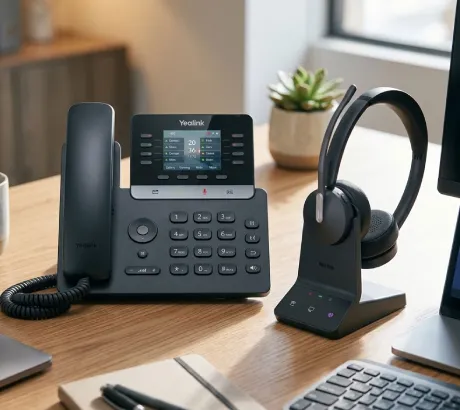 Pack de teléfono fijo con auriculares inalámbricos Conjunto profesional formado por un teléfono de sobremesa y unos auriculares inalámbricos con micrófono