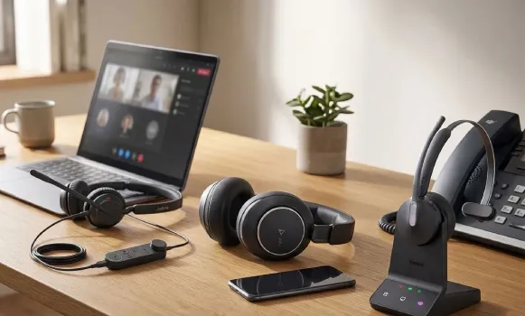 Auriculares profesionales utilizados con un ordenador y un teléfono de sobremesa