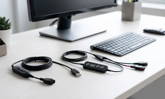 Adaptador para auriculares y cables de conexión para teléfonos de sobremesa y VoIP